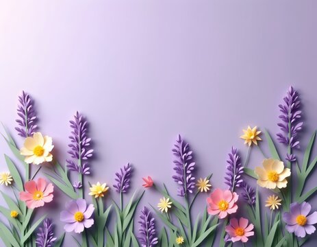 Delicate paper flowers, lavender sprigs in pastel shades of pink, yellow, purple adorn soft lilac background. Hand-made floral design, crafted from paper, offers serene, elegant aesthetic, perfect