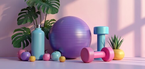 Vibrant gym essentials with purple fitness ball, pink dumbbell, blue weight. Healthy apples and water bottle complement stylized workout setup. Monstera leaves and potted plant add natural touch.