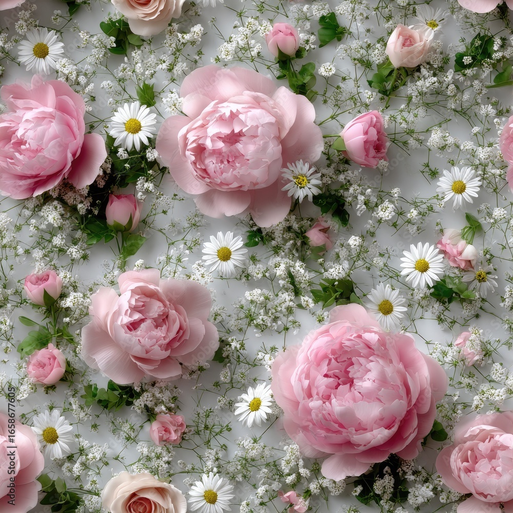 Poster a vibrant display of peonies and smaller floral elements in shades of pink and white, creating an in
