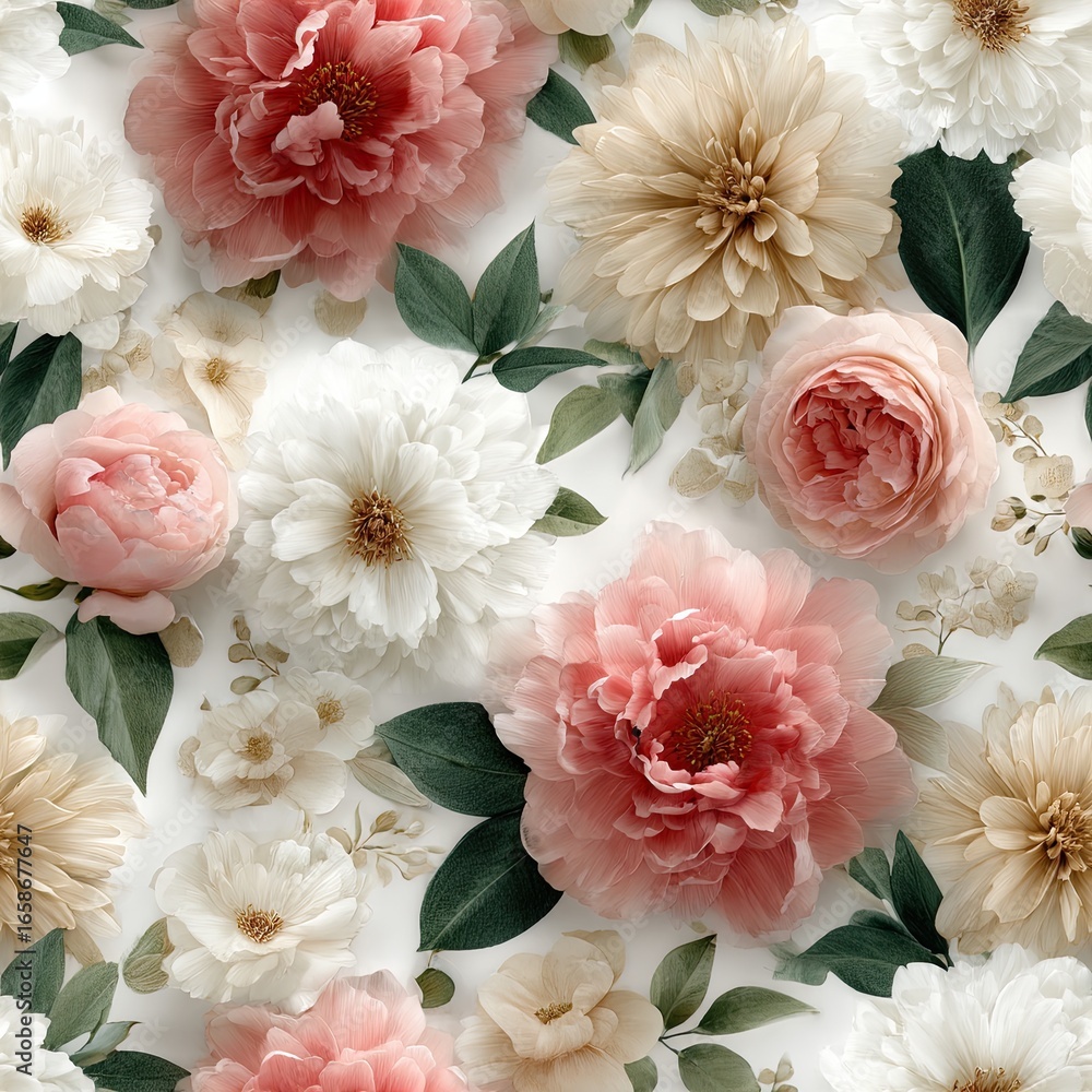 Poster a vibrant display of peonies and smaller floral elements in shades of pink and white, creating an in