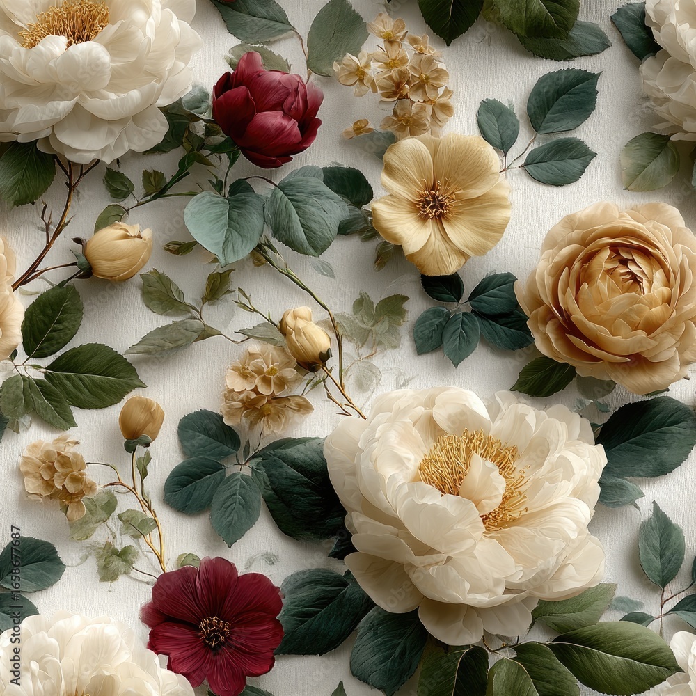 Poster a vibrant display of peonies and smaller floral elements in shades of pink and white, creating an in
