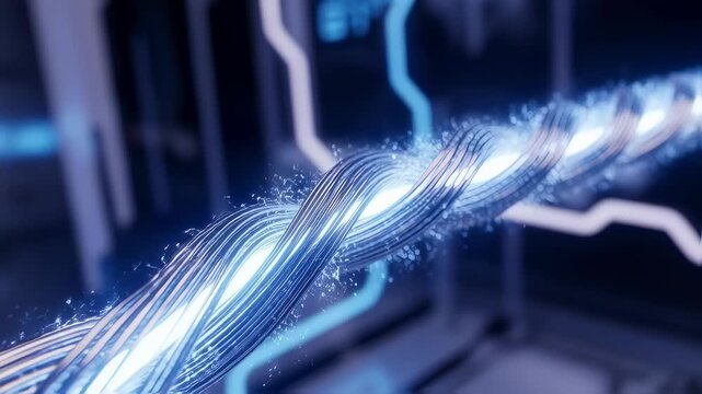 Macro shot of spinning nanotube fibers glowing with static as they form tensile cables for nextgen orbital elevator systems.