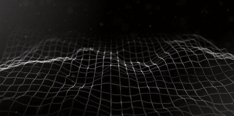 Abstract white particle background. Flow wave with dot landscape. Digital data structure. Future mesh or sound grid. Pattern point visualization. Technology vector illustration.