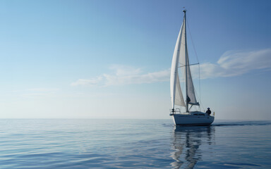 Serene single person sailing on calm ocean waters under a clear blue sky