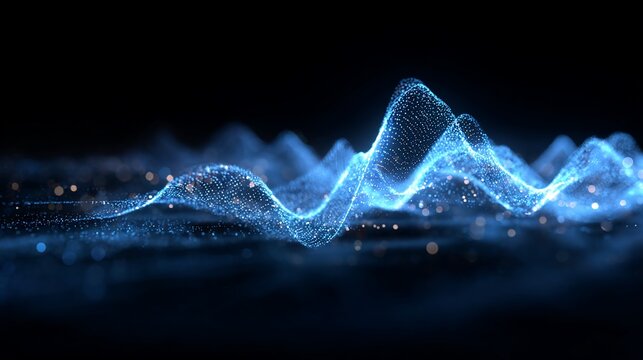 Abstract digital landscape of glowing, blue waveforms