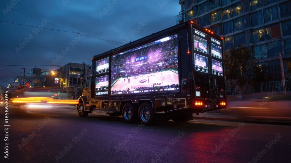 Poster edgecomputing mobile compression truck station in medium shot digital display glowing vividly as it 