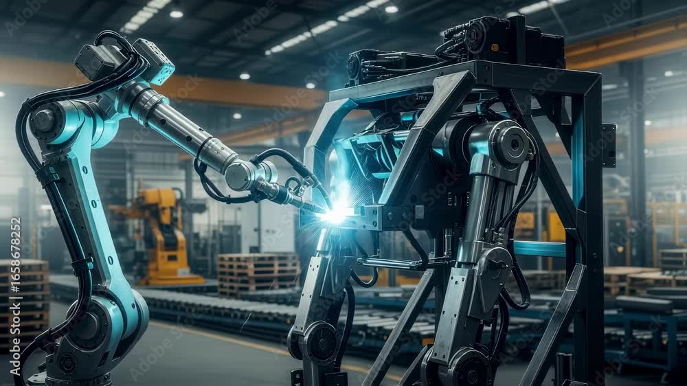 Poster robotic technician arm welding metal joints on a large industrial exoskeleton prototype frame in a f