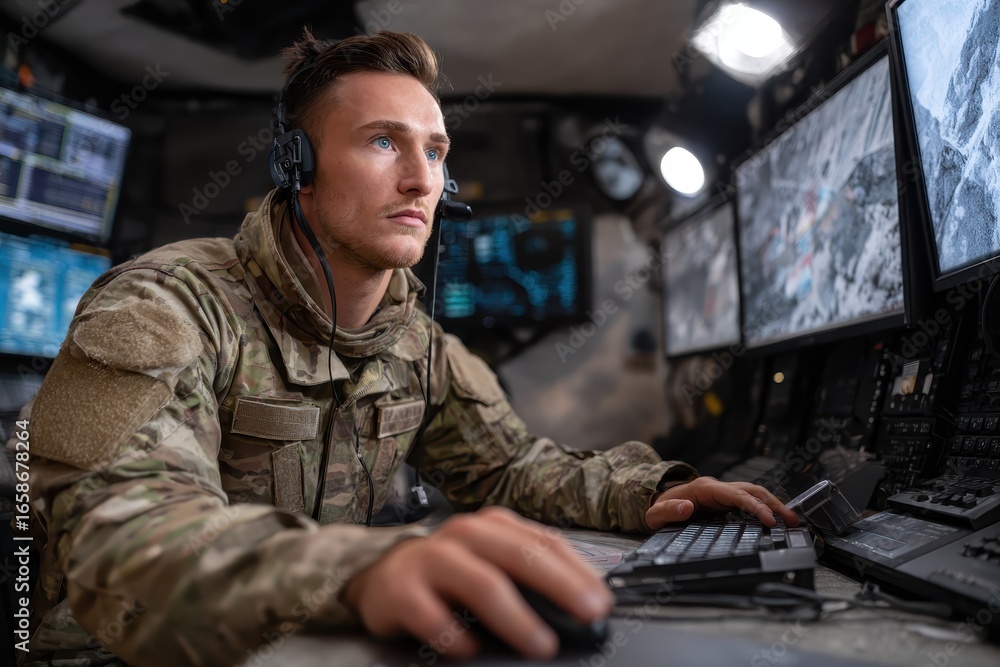 Poster military specialist operating advanced technology at command post during strategic operations in a d