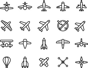 Airplane icons set, aircraft vector symbols, aviation design, flight illustrations, airplane front view, side view, top view, jet, hot air balloon, airplane icon collection