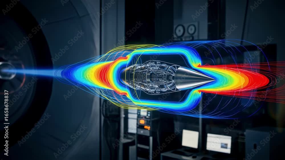 Poster Schematic overlays showing airflow velocity and temperature gradients within hypersonic wind tunnel test section for scramjet propulsion research.