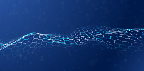 Dynamic blue particle wave. Abstract sound visualization. Flow digital structure. Mesh landscape or grid data technology.