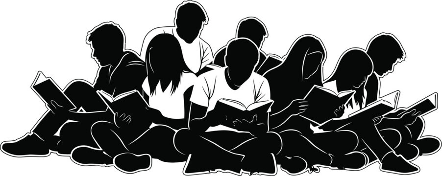 Silhouette of students reading books together, a group of young people are studying and learning, representing education and community