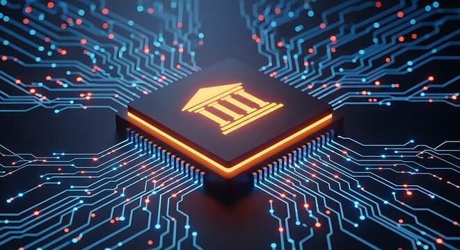 Digital bank icon on a glowing circuit board representing fintech and financial technology innovation - Powered by Adobe