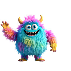 Fototapeta premium Colorful furry and cute monster dancing and waving 3D render character cartoon style Isolated on transparent background Png 