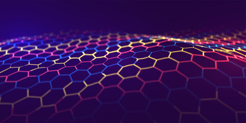 Fototapeta premium Artificial intelligence data structure. Abstract blue red and green particles background. Flow wave with dot landscape. Future mesh or sound grid. Technology vector illustration.