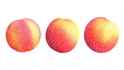 Three stylized peaches, rendered in a pixel art style.  Each peach displays a gradient of pinkish-red aground