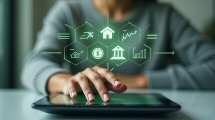 Hand holding pen with digital mortgage, real estate, and financial icons, representing home loan, property investment, and banking services concept 