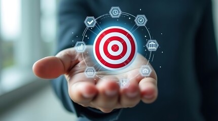 Hand holding hologram target icon with data analytics and business strategy icons, symbolizing marketing goals, success planning, and corporate growth in digital technology