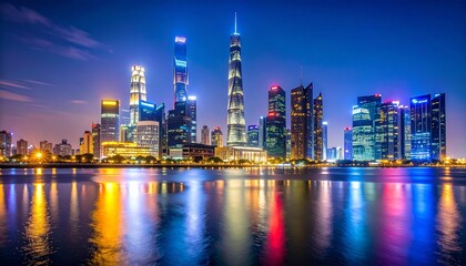 Obraz premium Guangzhou's Dazzling Skyline at Twilight, a Symphony of Neon Lights Reflecting on the Pearl River.