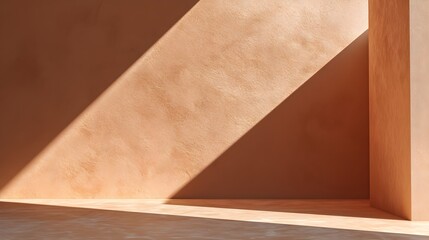 Warm Terracotta Textured Wall and Floor Background with Diagonal Sunlight and Shadows, Minimalist Empty Room