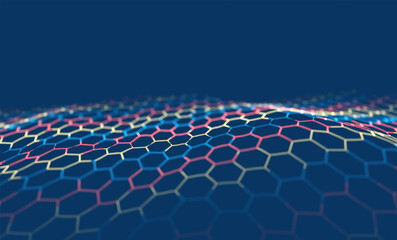 Naklejka premium Abstract blue and yellow particle background. Flow wave with dot landscape. Digital data structure. Future mesh or sound grid. Pattern point visualization. Technology vector illustration.