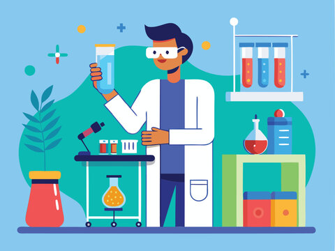 Man in lab coat holding test tube - Powered by Adobe