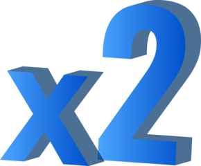 Gradient blue 3D x2 multiplier symbol isolated on transparent background