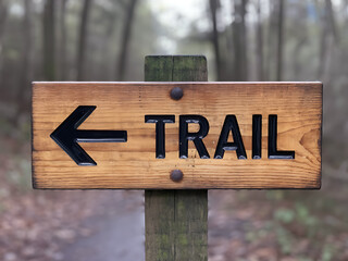 Wooden trail sign points left through misty forest background