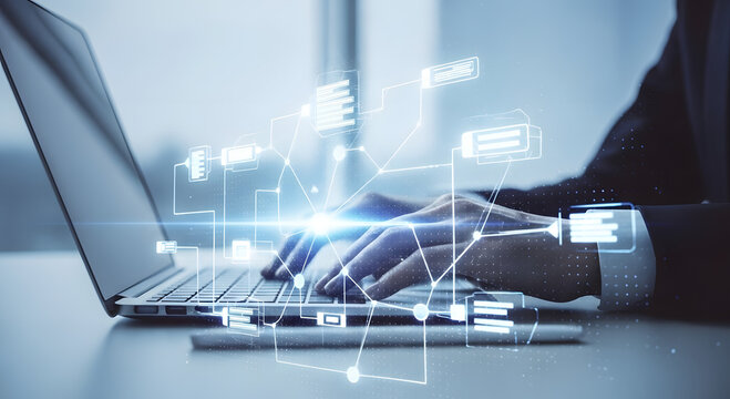 Person typing on a laptop with glowing digital data streams and financial symbols