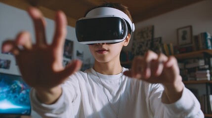 Immersed in a digital world a young woman explores new realities with a VR headset enhanced by soft