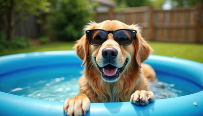 Golden Retriever dog wearing sunglasses cools off in blue kiddie pool on sunny summer day. Green backyard lawn, foliage surround happy, wet pet enjoying cool water. Adorable, furry friend, carefree