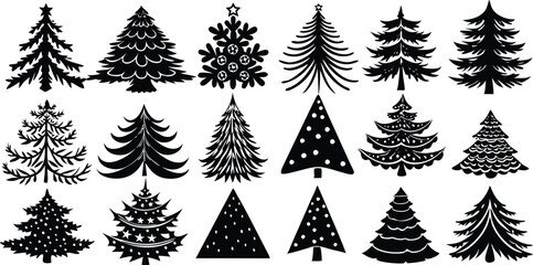 Obraz premium Collection of black Christmas tree silhouettes with varied designs black and white holiday