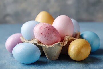Bright pastel colored Easter eggs arranged in an egg carton on a soft blue background during spring festivities