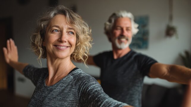 fit middle aged 50s family couple doing fitness yoga morning exercise at home sporty healthy old mature man and woman training together standing in living room active seniors sport stretching no logo