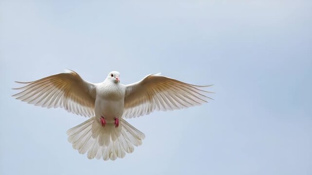 White dove in flight with open wings against clear sky symbolizing peace, freedom, spirituality and purity in religious and symbolic context