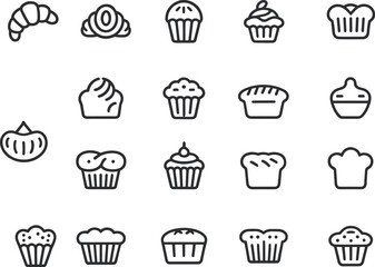 Bakery icons, cupcakes, muffins, pastries, croissant, sweet dessert, baking outline set, food symbols, baked goods, confectionery, pastry collection