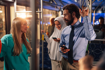 Nurse and businessman talking on a public transport bus