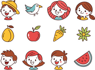 Fototapeta premium Cute cartoon children and food icons with simple outlines girl bird