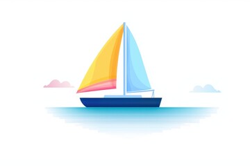 Fototapeta premium Colorful sailboat with yellow and blue sail glides across calm waters, surrounded by soft clouds, evoking sense of tranquility and adventure