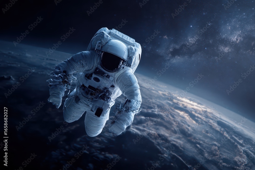 Poster exploration of the cosmos by a spaceman floating in the vastness of space with stars and distant pla