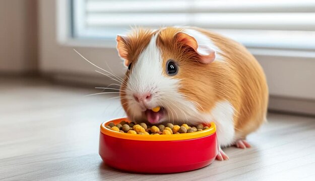 Cute guinea pig eating from red and yellow pet food bowl, golden brown and white fur, small round ears, black eyes

