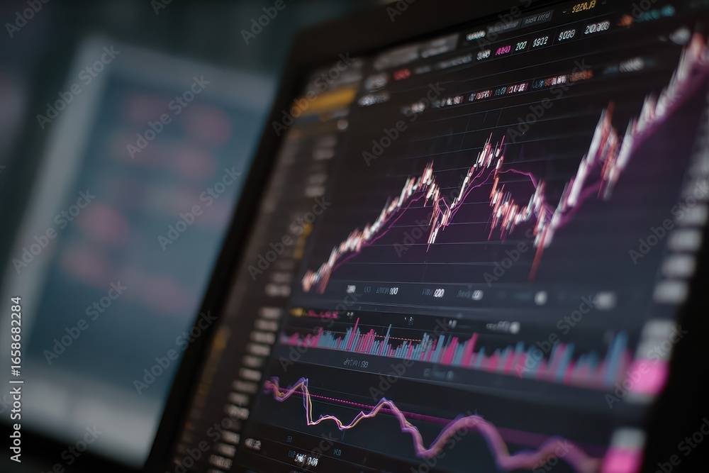Poster business chart displaying trade monitor data with multiple graphs and indicators in an analytical wo