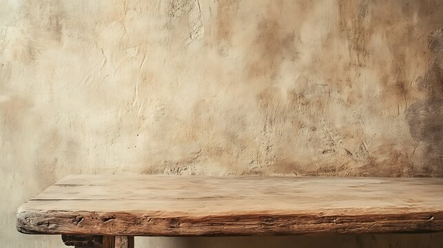 Rustic wooden table against textured backdrop for product photography and food presentation scene setting