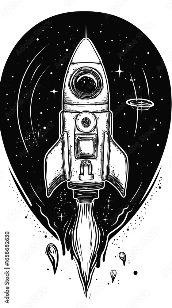 Poster black and white rocket ship launching into starry outer space with retro minimalist outline vector i