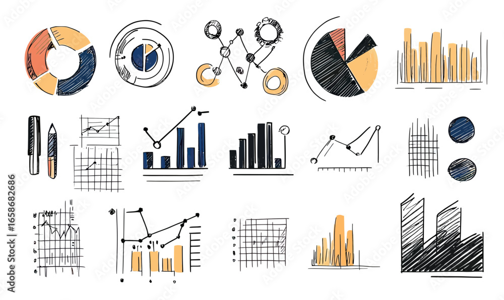 Poster hand drawn business charts and graphs set with pie charts bar charts line graphs and data visualizat