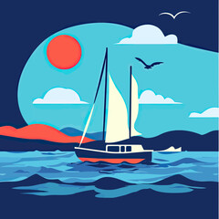 Fototapeta premium Sailboat navigating ocean waves at sunset with red sun blue sky and silhouetted birds minimalist flat vector design