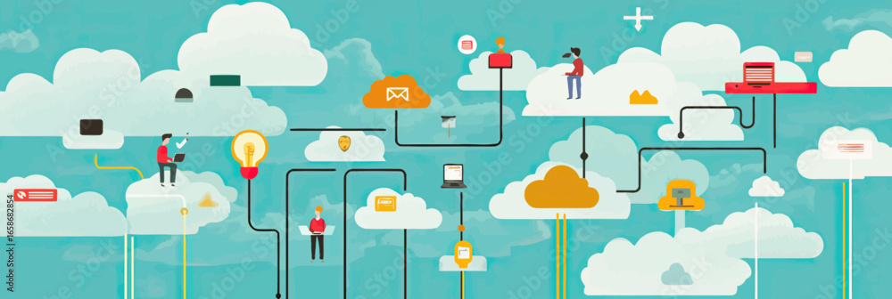Poster flat vector illustration of cloud computing network with business people connected to digital device