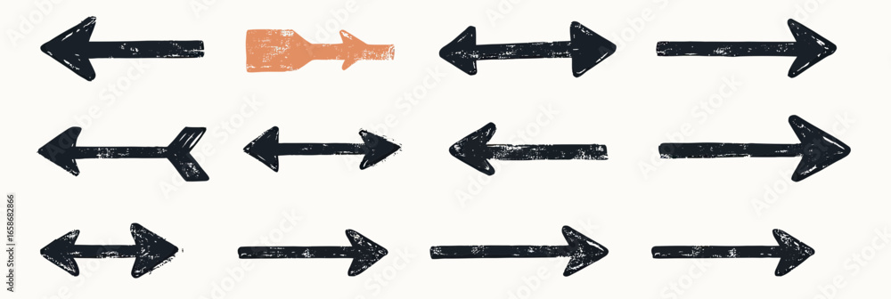 Poster Set of hand drawn black and orange direction arrows in various shapes and styles with a textured distressed look for graphic design and web use