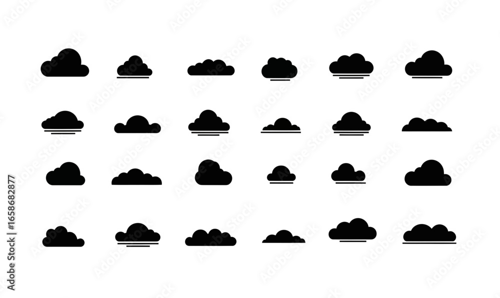 Poster set of 30 black minimalist cloud icons with varied shapes and horizontal lines in flat vector style 