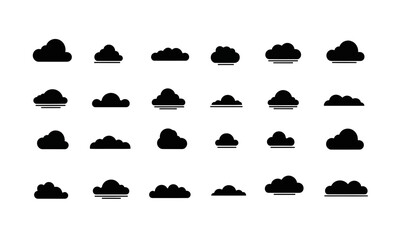 Set of 30 black minimalist cloud icons with varied shapes and horizontal lines in flat vector style isolated on white background for weather and design elements